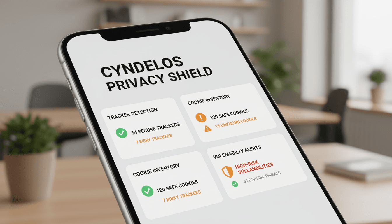 Mobile interface showing tracker detection and vulnerability alerts