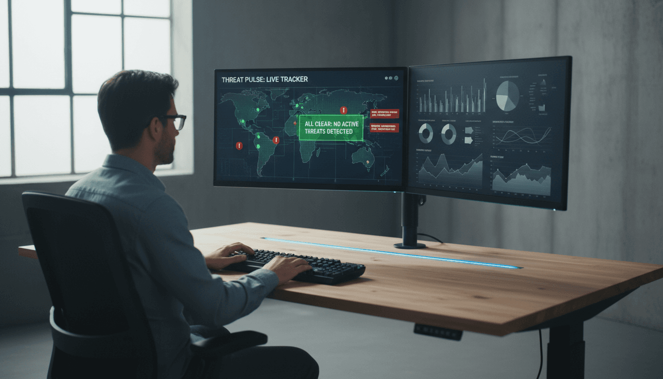 Developer monitoring real-time security dashboards on dual monitors