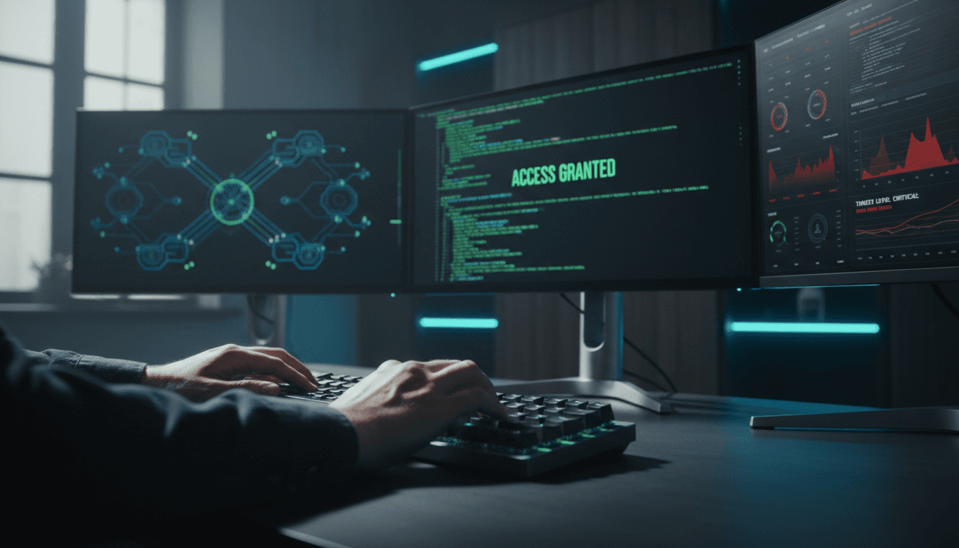 Developer monitoring real-time security dashboards on multiple screens